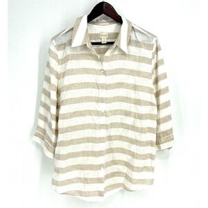 Chicos No Iron Shirt Size 3 Beige White Striped 3/4 Sleeve Linen Button Up Tunic